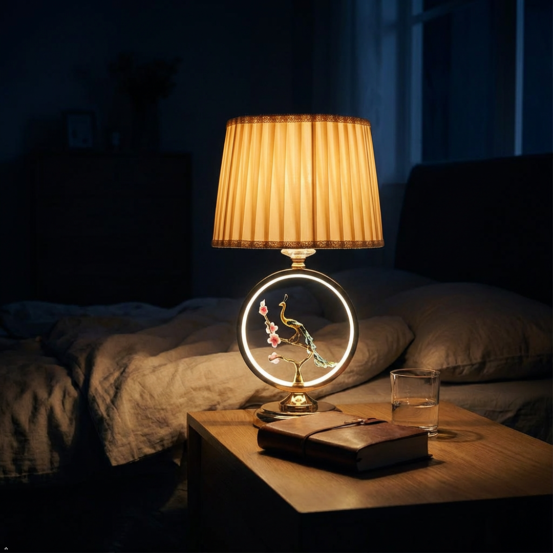 Peacock Table Lamp with Gold Frame