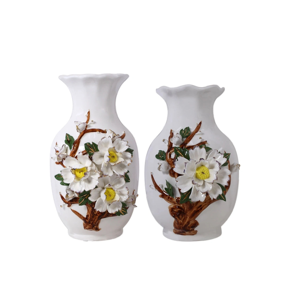 Sculpted Blossom Tree White Ceramic Flower Vase Set of 2