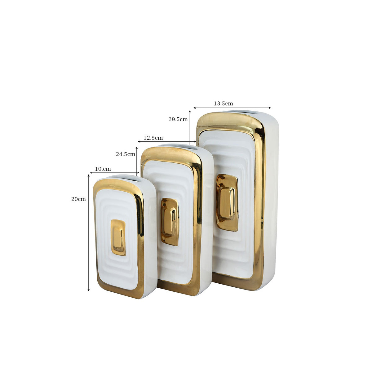 Geometric Ripple Ceramic Vase – Gloss White with Electroplated Gold Border