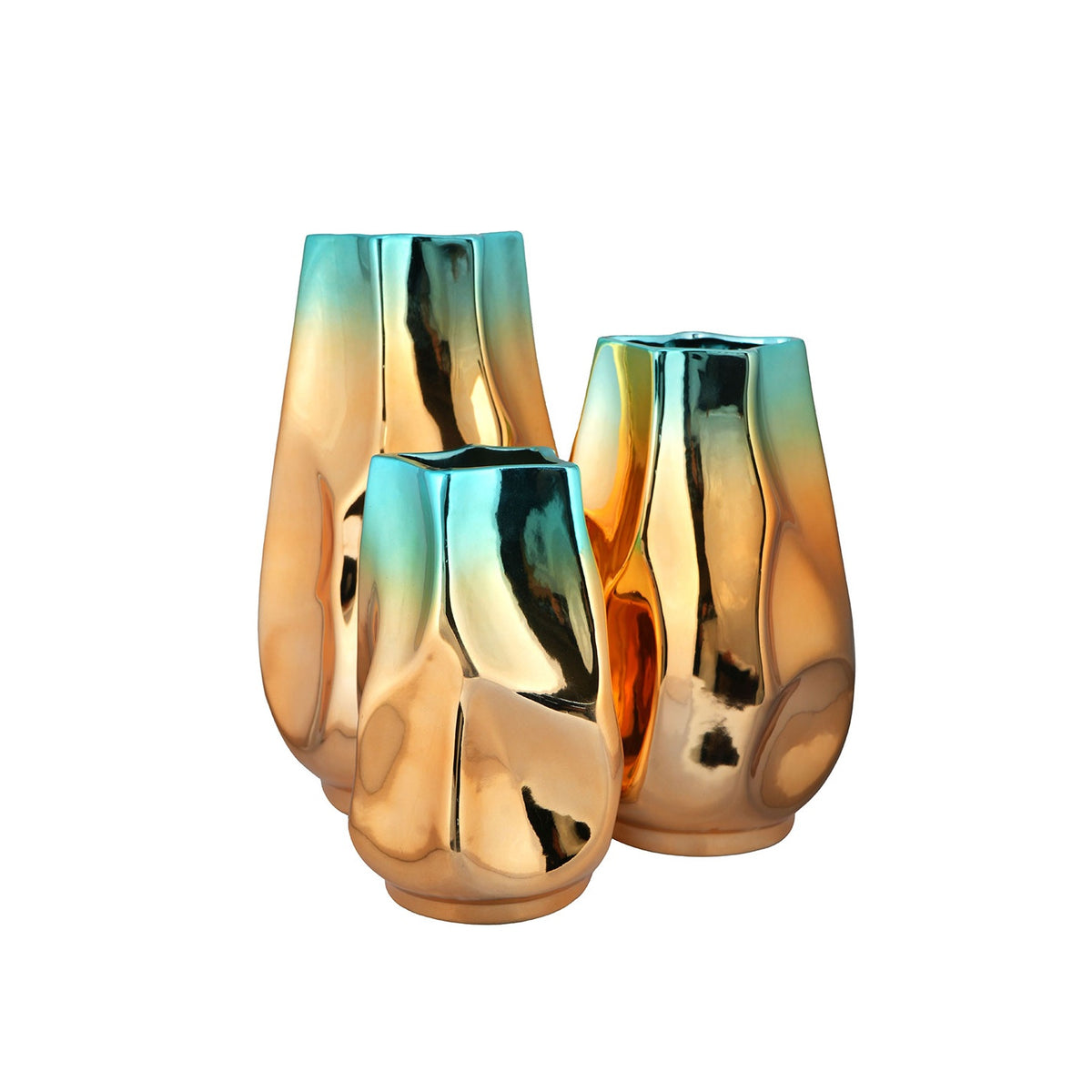 Luxury Teal & Gold Metallic Ceramic Flower Vase Set