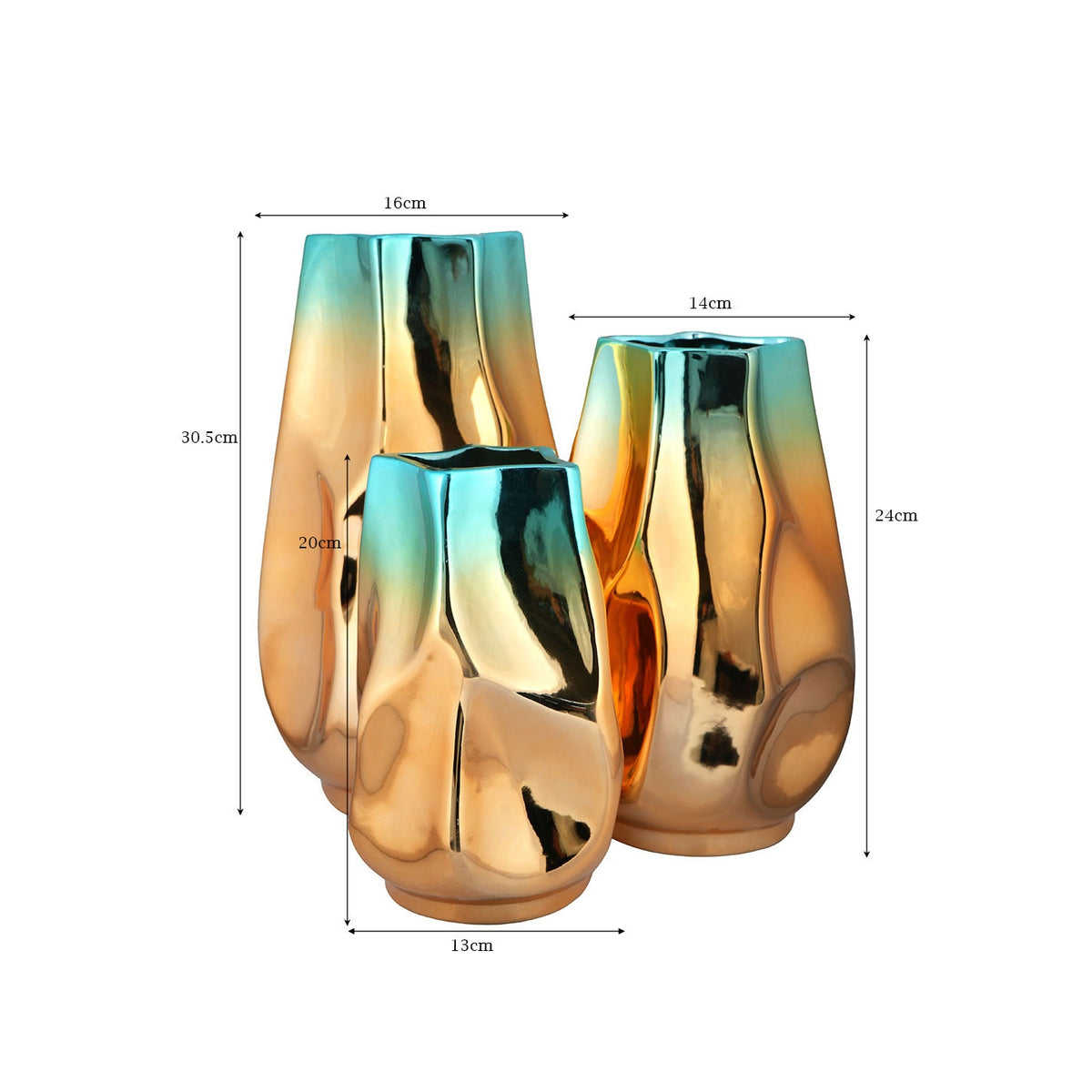 Luxury Teal & Gold Metallic Ceramic Flower Vase Set