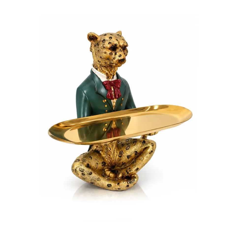 Golden Leopard Decorative Tray Showpiece