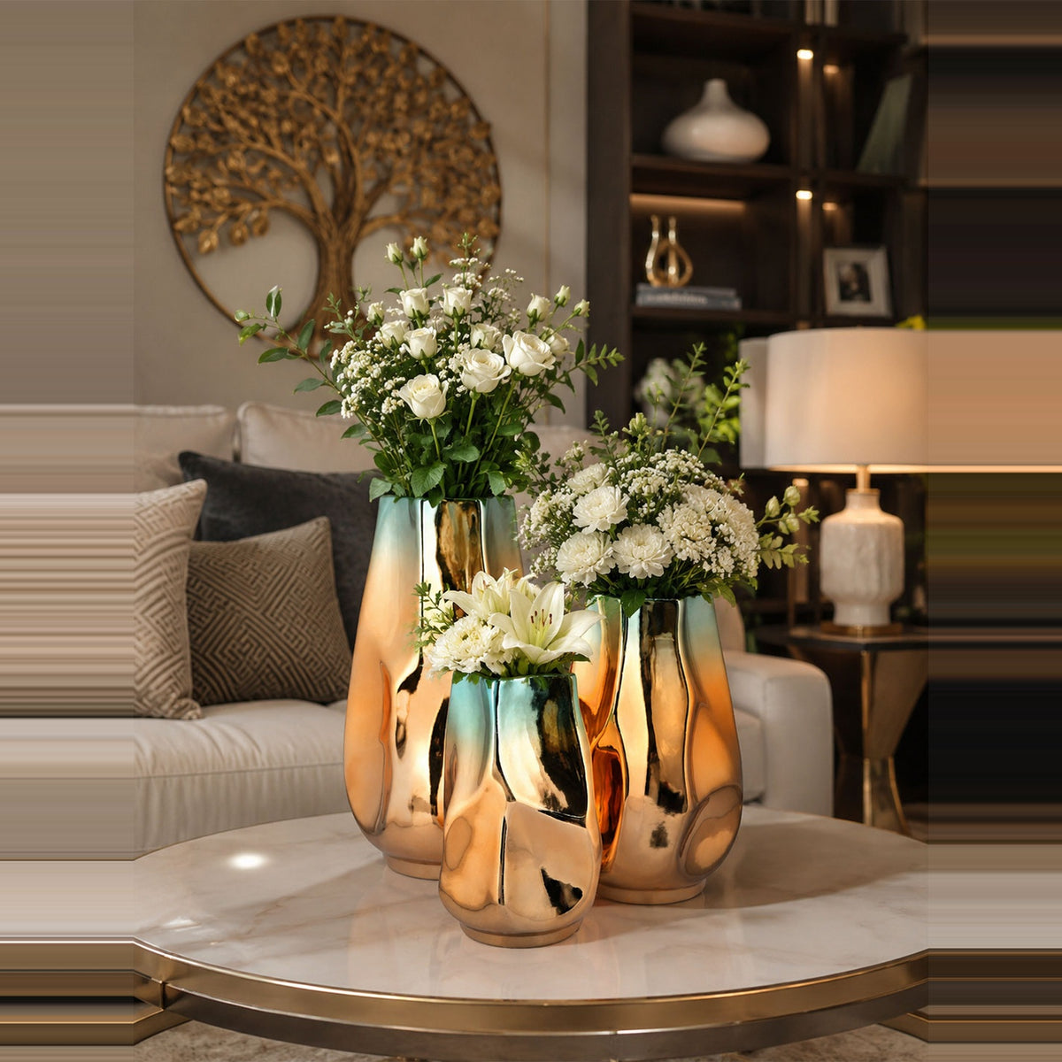 Luxury Teal & Gold Metallic Ceramic Flower Vase Set
