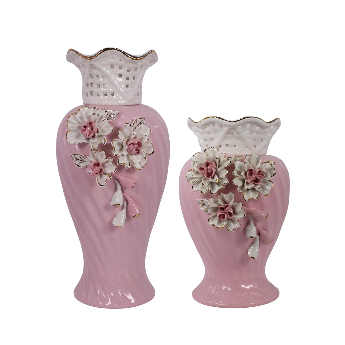 Blushing Bloom Pink Ceramic Vase Set of 2 with Sculpted Floral Design