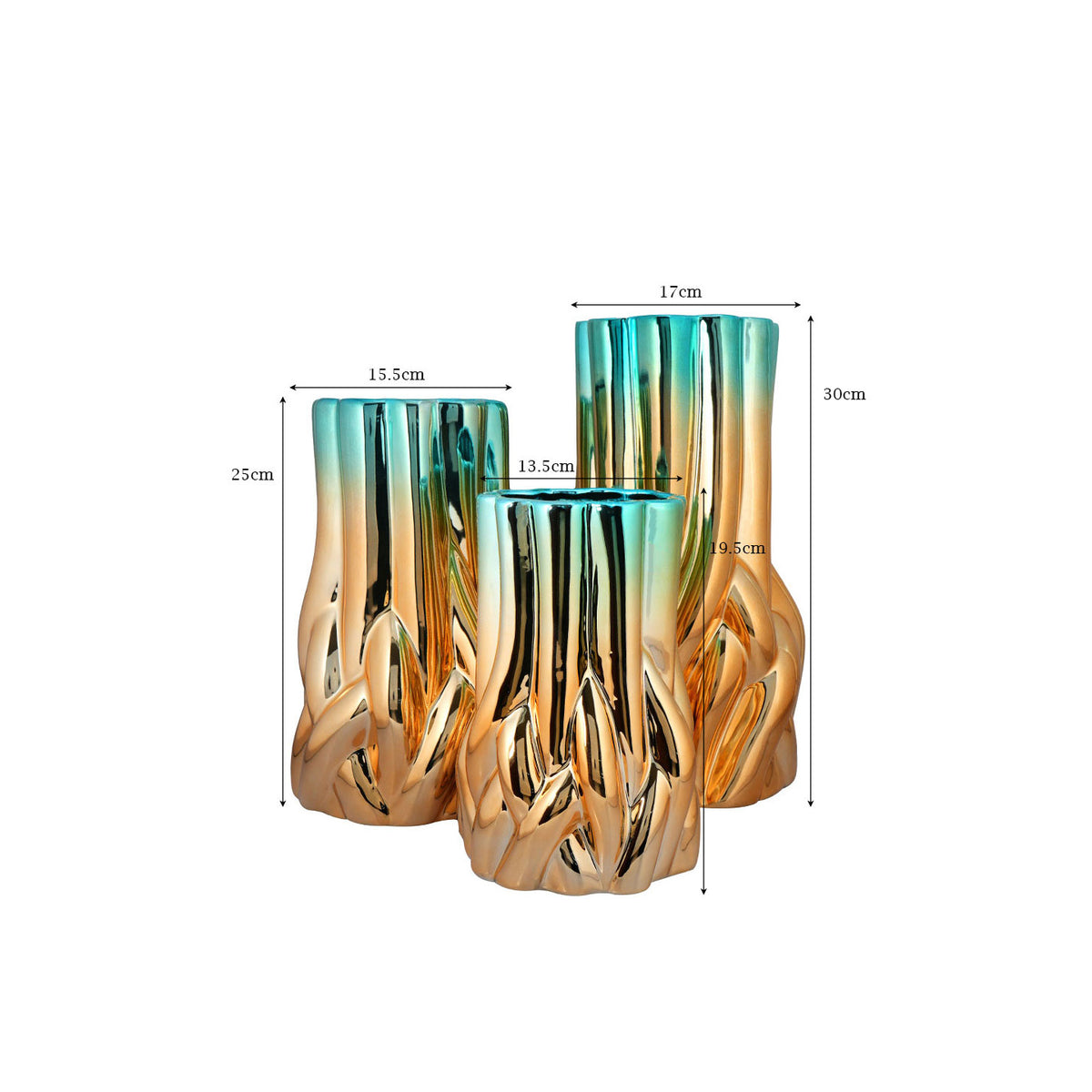 Turquoise Blue & Electroplated Gold Flame Ribbon Centerpiece Decor Vase