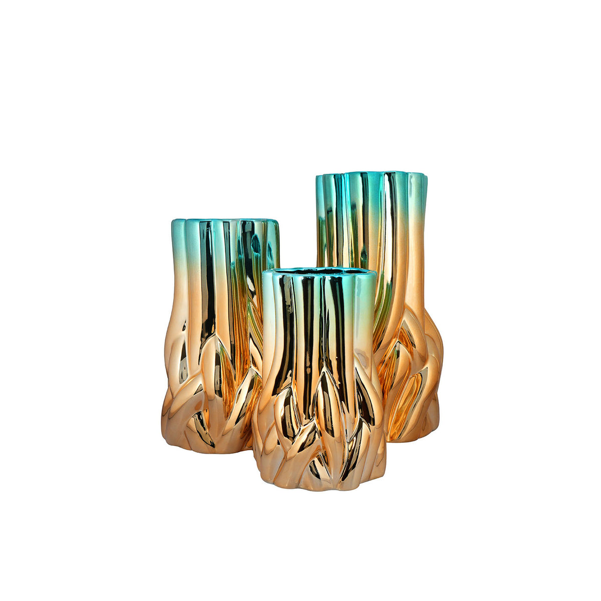 Turquoise Blue & Electroplated Gold Flame Ribbon Centerpiece Decor Vase