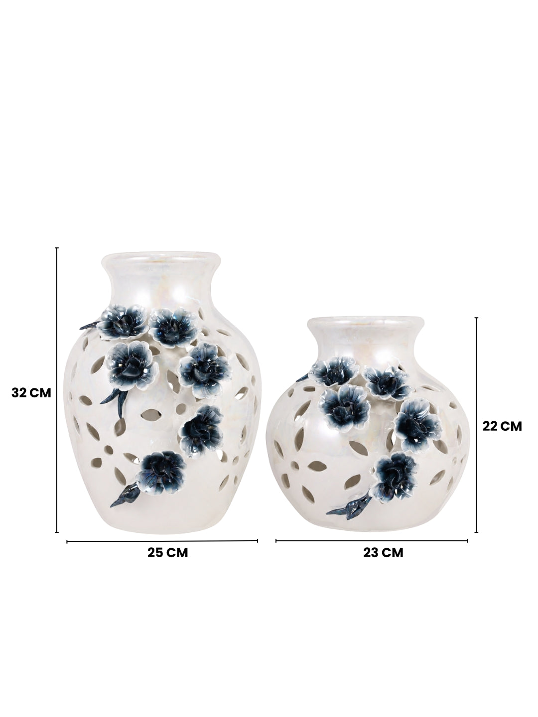 Midnight Blossom White Ceramic Vase Set of 2 with Floral Cutwork Design