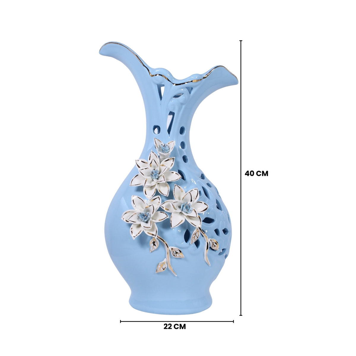Azure Blossom Blue Ceramic Vase with Sculpted Floral Cutwork Design